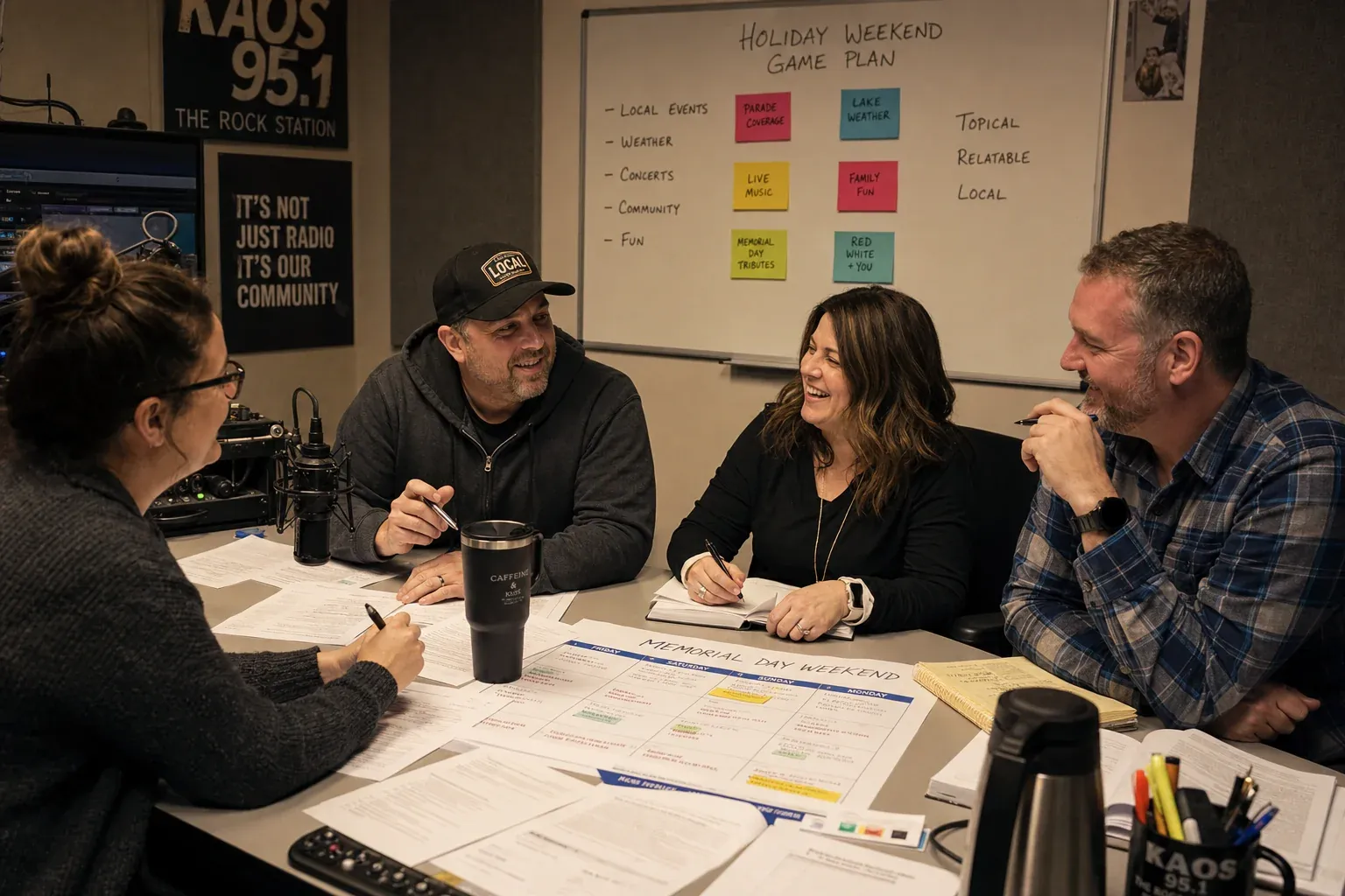 Confident small-market radio team gathered around the studio table with printed Father's Day segment scripts and a weekly content calendar, prepared and in control of the holiday weekend programming