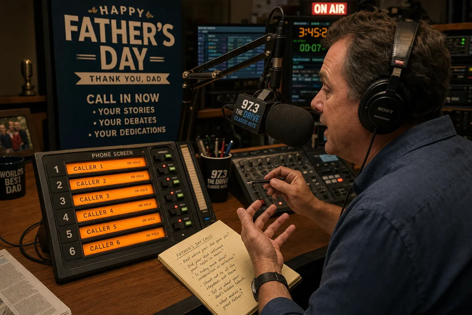 Radio studio phone screening console with all caller lines lit during a Father's Day call-in segment, a host in headphones leaning into the microphone to take listener dedications and debate calls