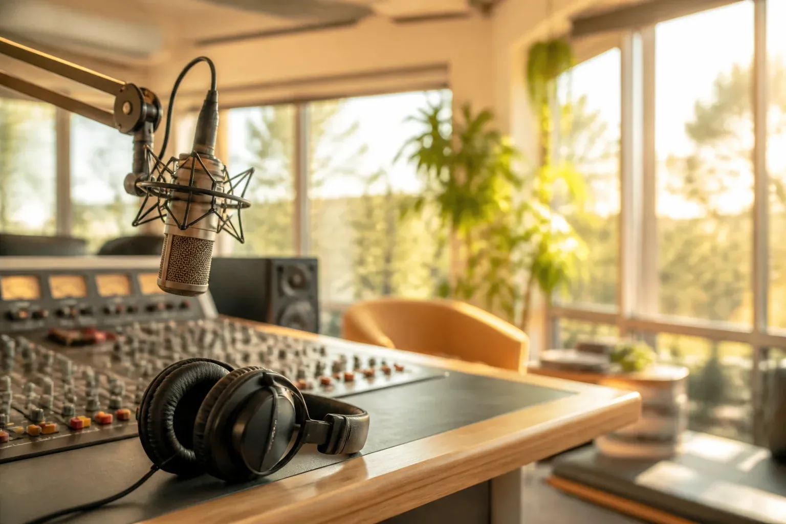 Bright airy radio studio bathed in warm afternoon light, console and headphones in soft focus, evoking the relaxed energy of the first official day of summer