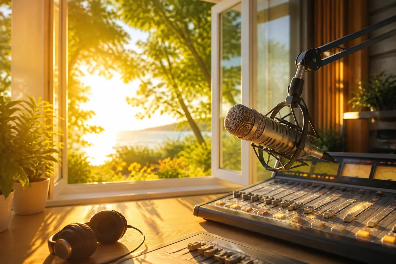 Sunlit radio studio at golden hour with an open window, summer light spilling across the console and microphone, marking the first day of summer