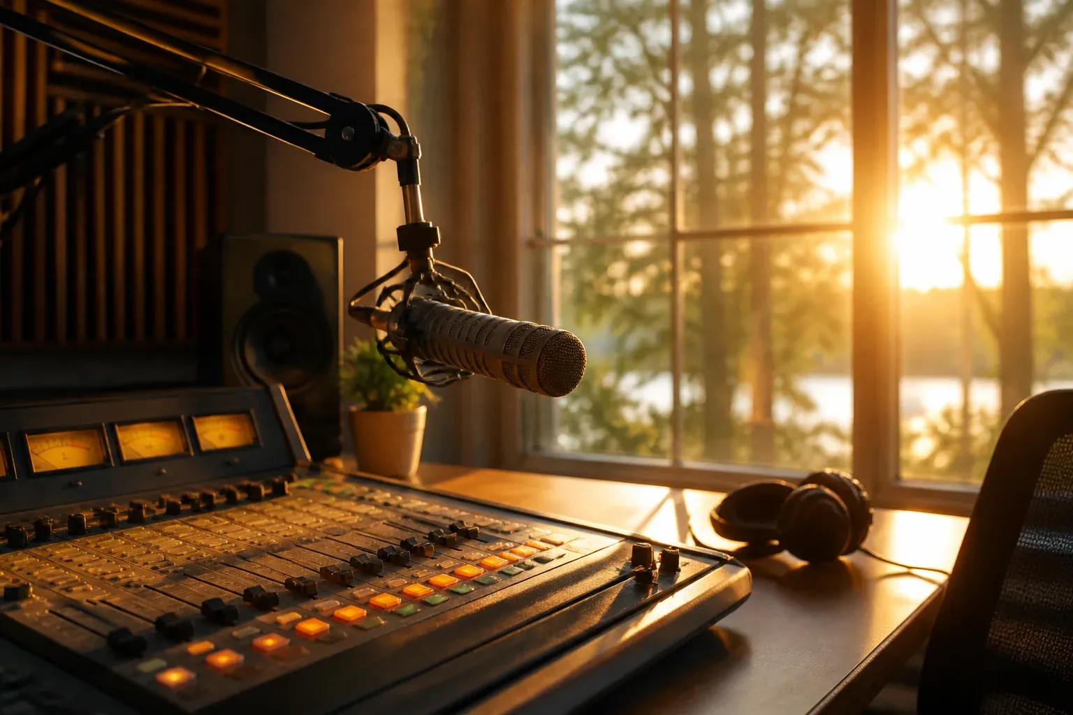 Sunlight pouring through a studio window onto a broadcast console and microphone at golden hour, capturing the warm energy of the first day of summer for radio