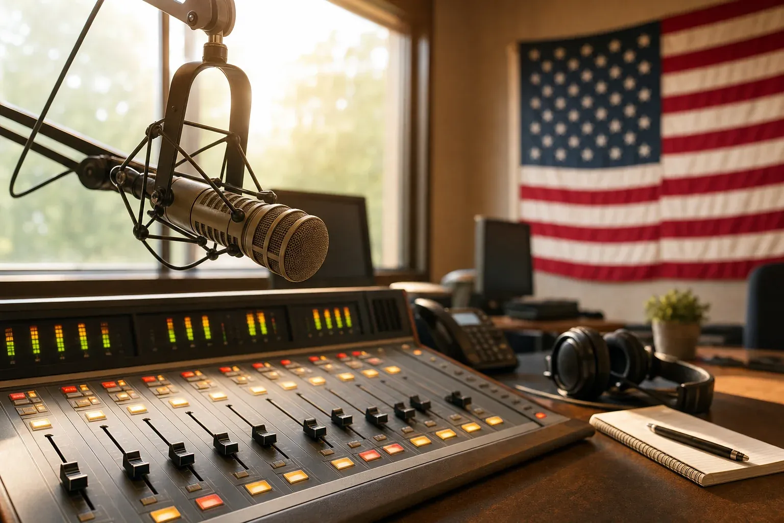 Sunlit radio studio control board with a softly out-of-focus American flag accent and calm professional atmosphere, representing low-key Flag Day radio programming