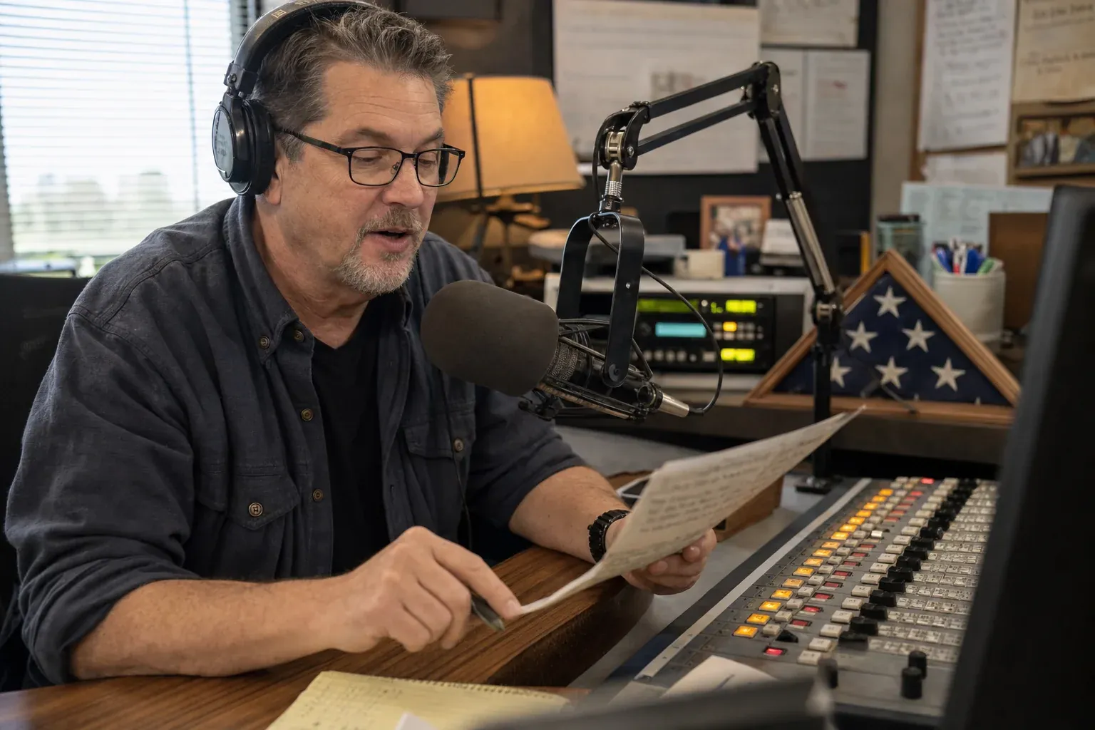 Radio host at a studio console recording a short segment with a small folded flag and prep notes on the desk, representing a light-touch Flag Day radio segment
