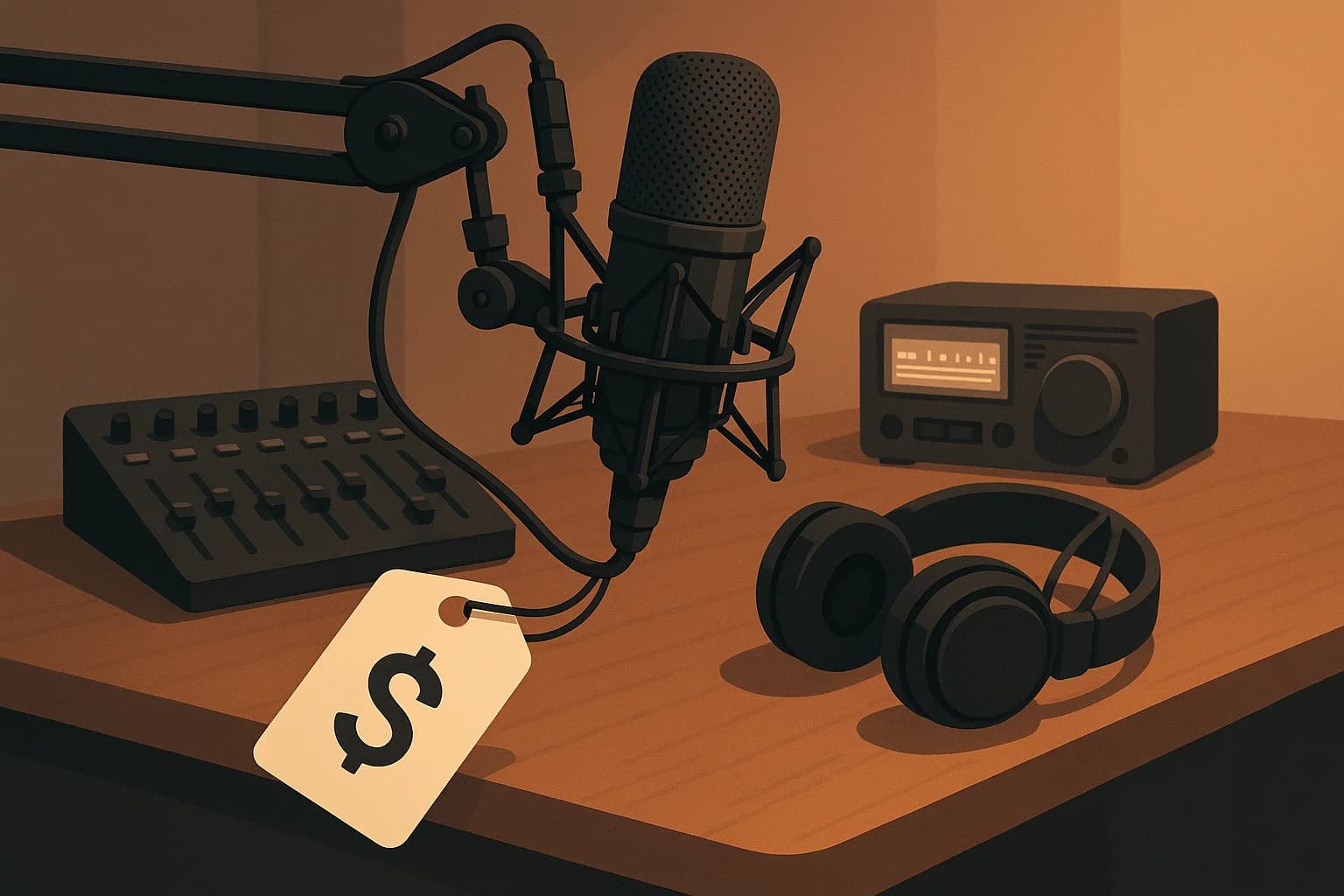 Radio broadcasting equipment with price tag in a professional studio setting