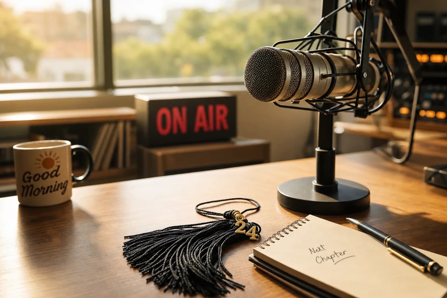 Sunlit broadcast studio microphone at a tidy desk with a subtle graduation tassel motif, restrained editorial composition for graduation season radio programming