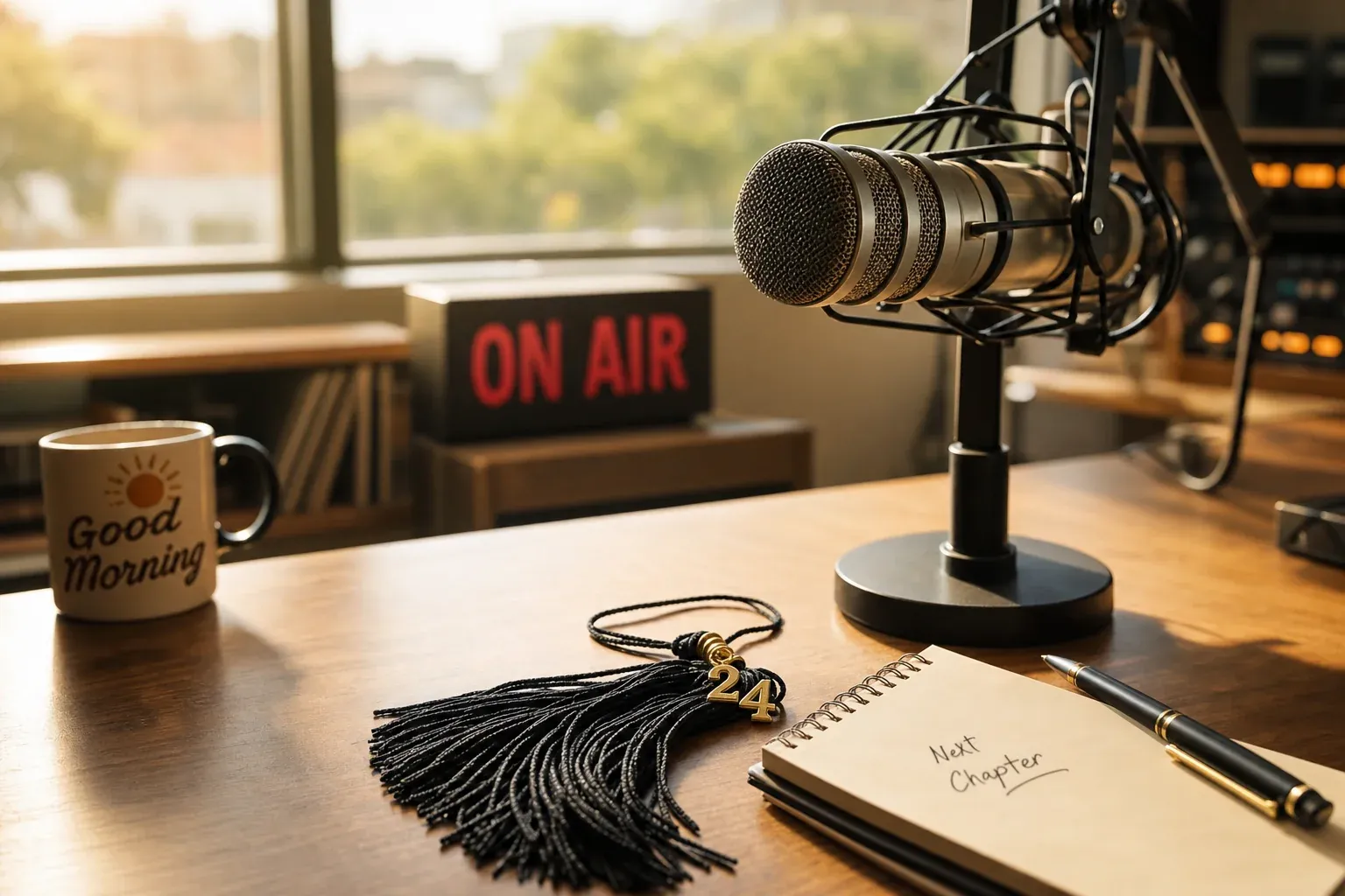 Sunlit broadcast studio microphone at a tidy desk with a subtle graduation tassel motif, restrained editorial composition for graduation season radio programming