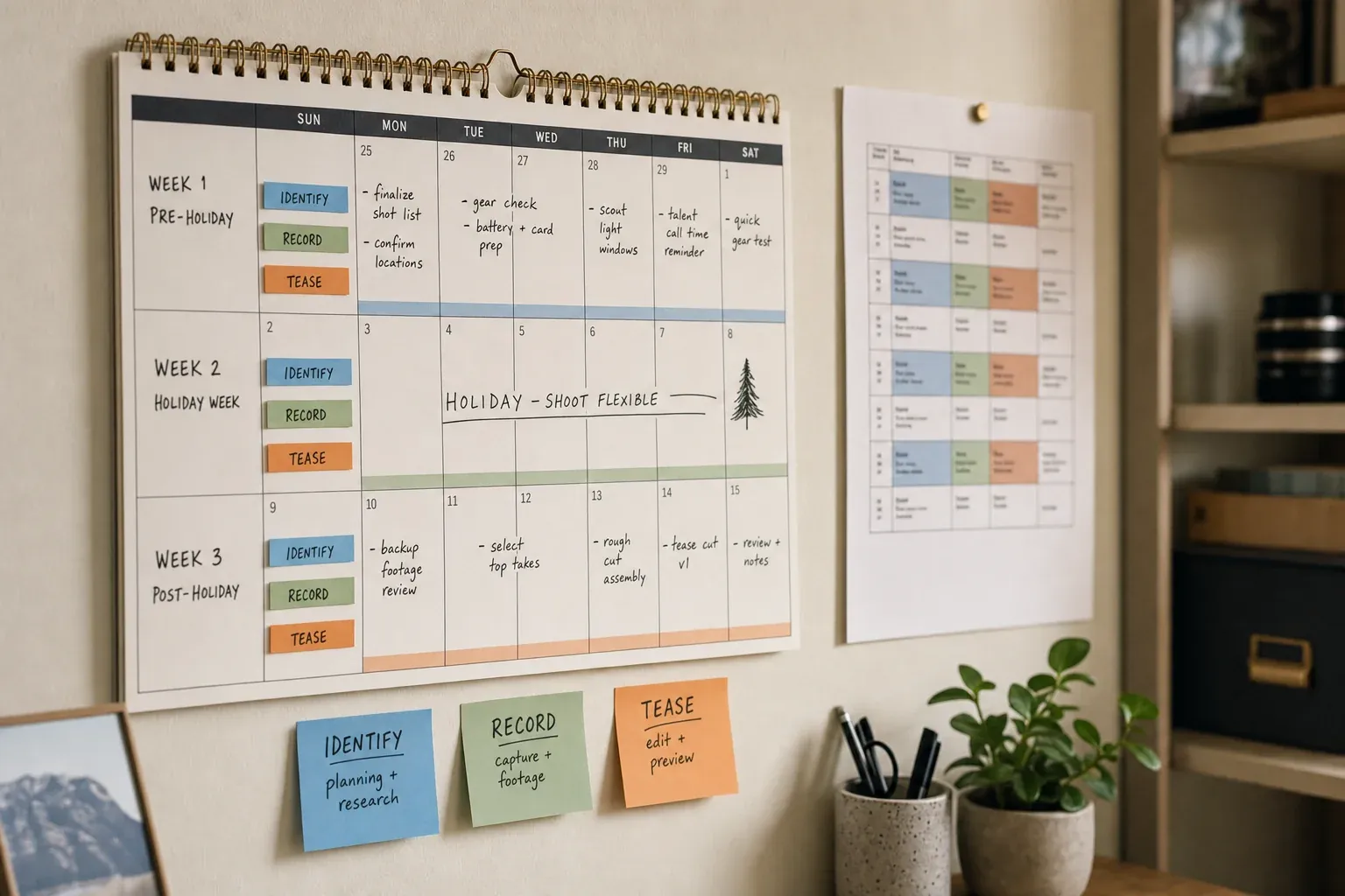 Close-up of a wall planning calendar with three weeks of holiday week prep marked in colored tabs and handwritten notes, soft natural light