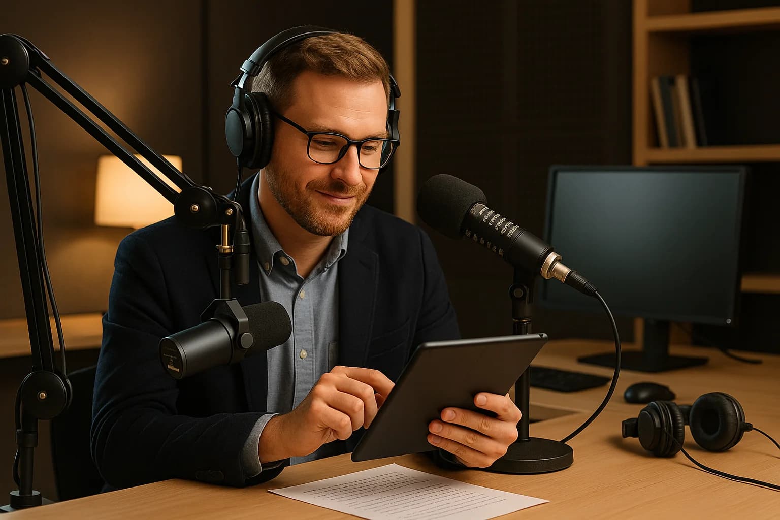 Professional radio host at a broadcast desk reviewing organized show prep notes on a tablet with a microphone and headphones in a clean modern studio