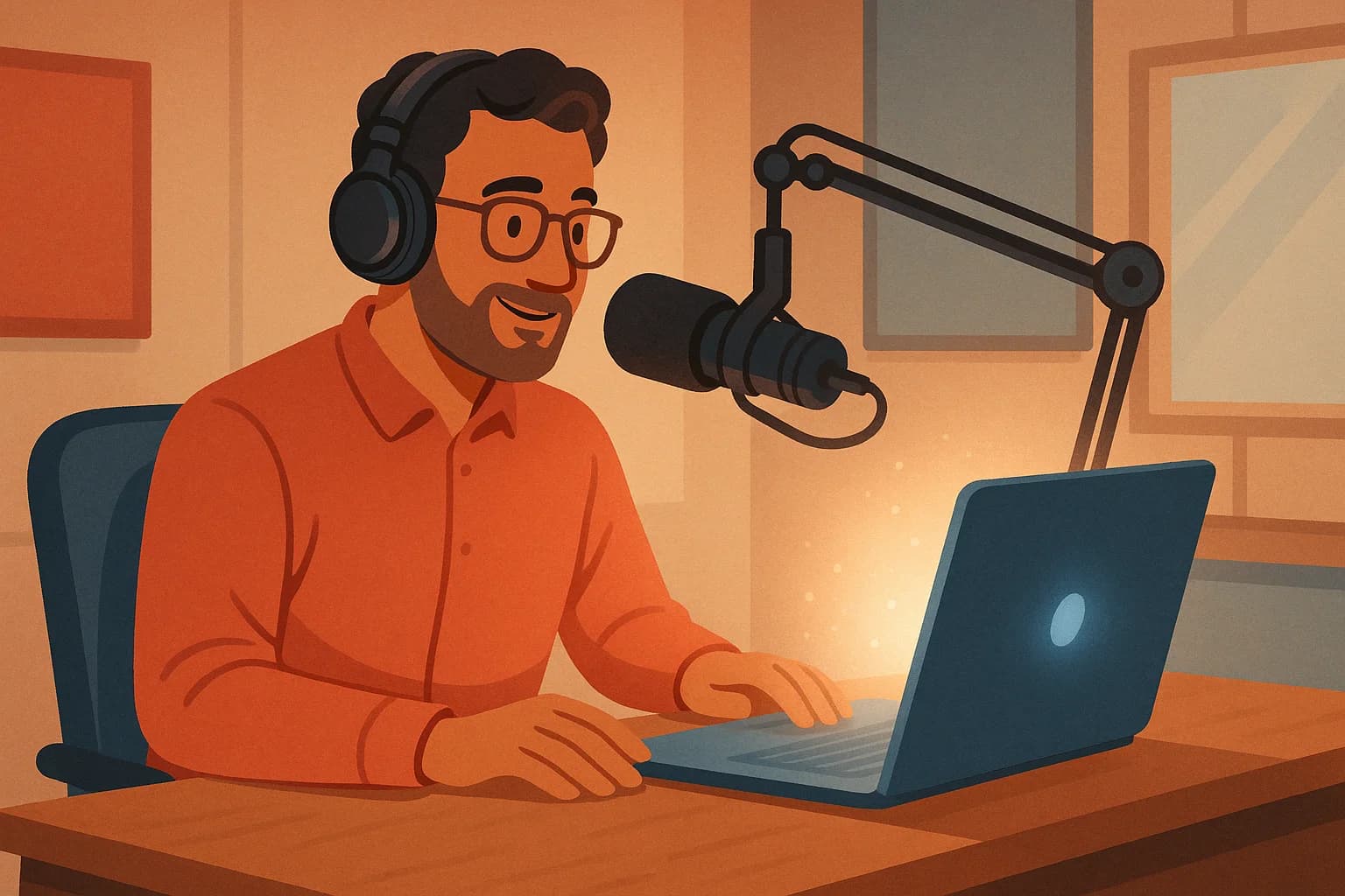 Radio professional working with AI assistant on a laptop in a modern studio, with colorful content ideas displayed on screen