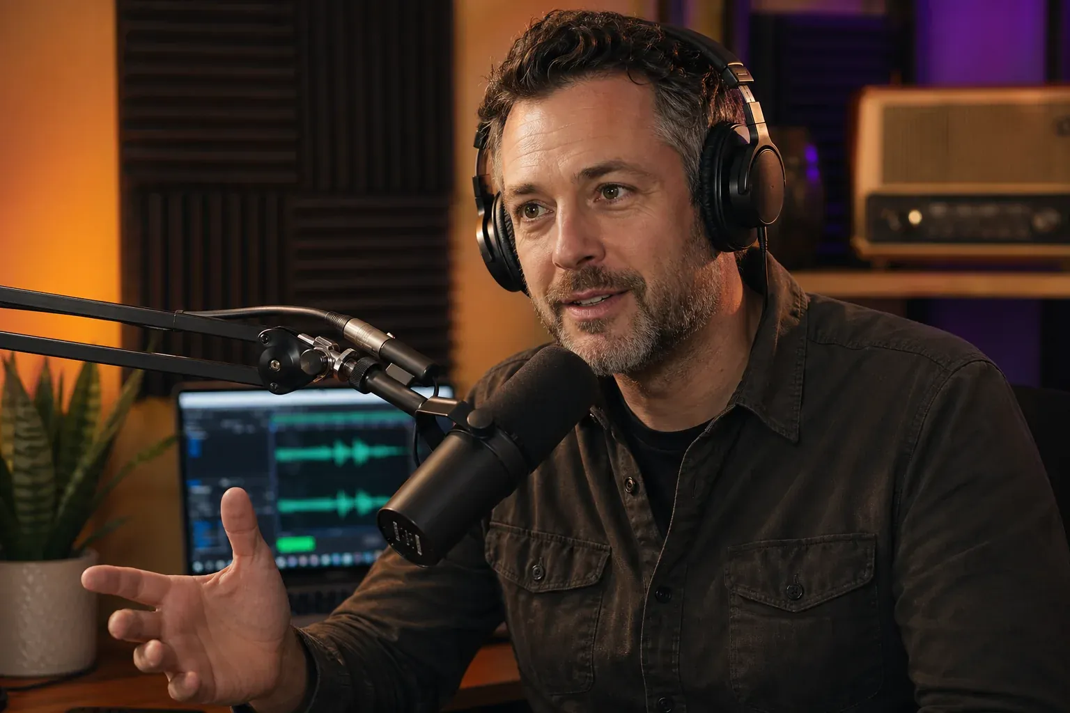 Radio host recording a podcast episode with a relaxed expression, broadcast microphone in foreground and warm studio lighting