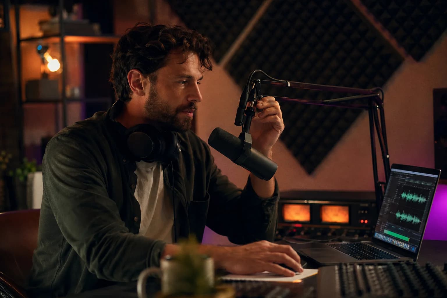 Radio host launching a podcast from a small home studio with a broadcast microphone, headphones, and a laptop showing podcast editing software