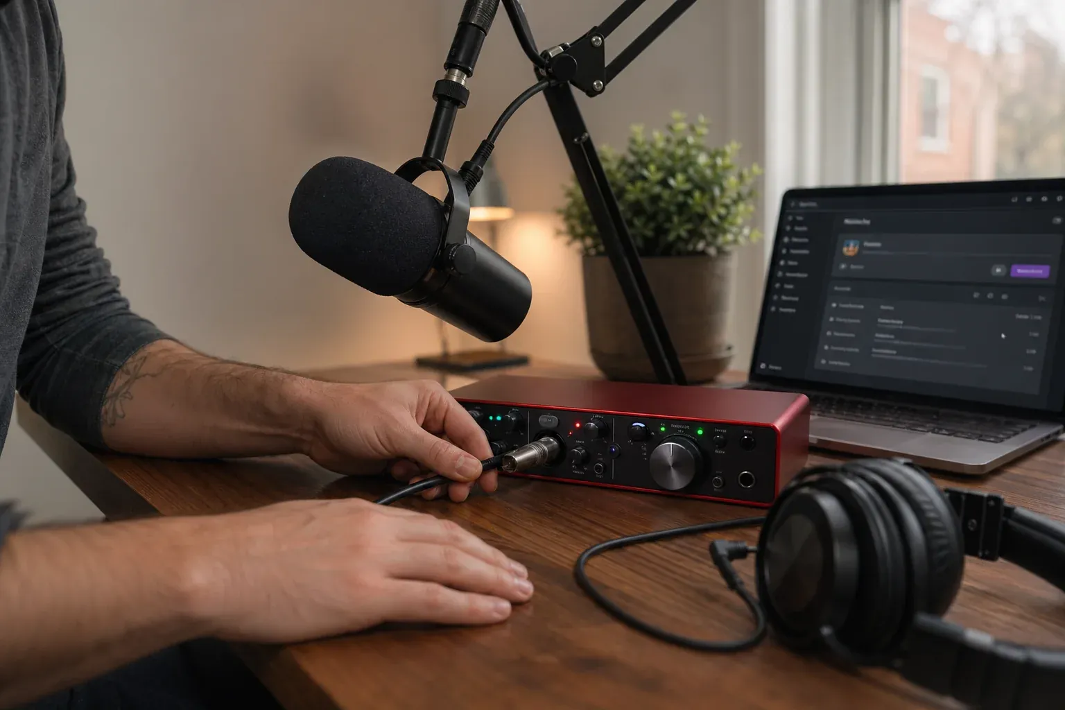 Radio host setting up a podcast recording rig with broadcast microphone and laptop in a warm-lit home studio