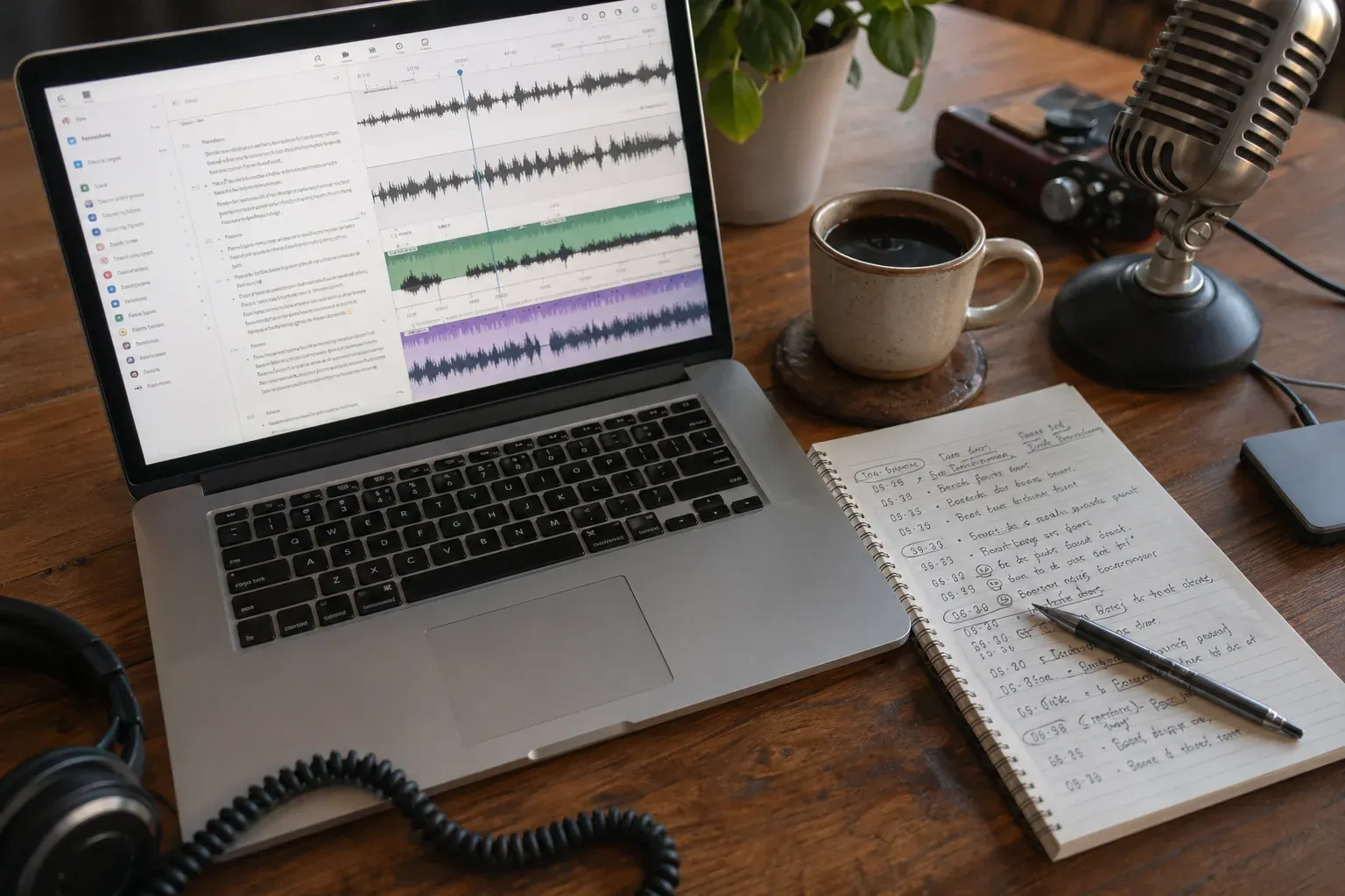 Side-by-side workspace showing podcast editing software on screen with broadcast equipment in foreground and a hand-written episode outline