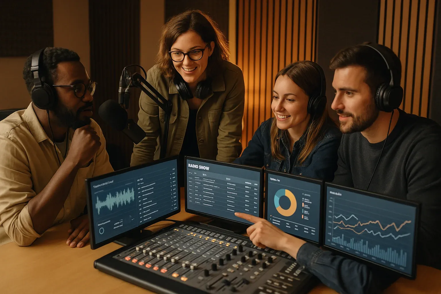 Modern radio production team collaborating around a studio console with digital screens showing content dashboards and analytics, professional teamwork atmosphere with warm studio lighting
