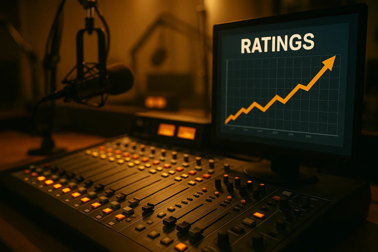 Professional radio studio control board with a ratings chart trending upward on a monitor screen, warm golden lighting with broadcasting equipment in soft focus