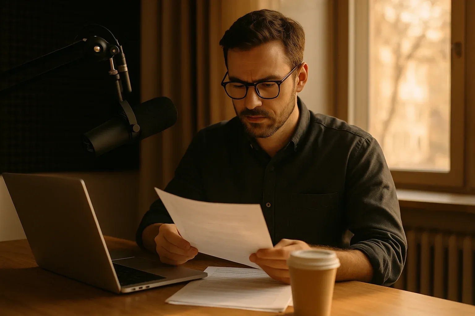 Radio host reviewing show prep notes at a desk with a laptop and coffee mug, studio microphone nearby, warm morning light streaming through a window