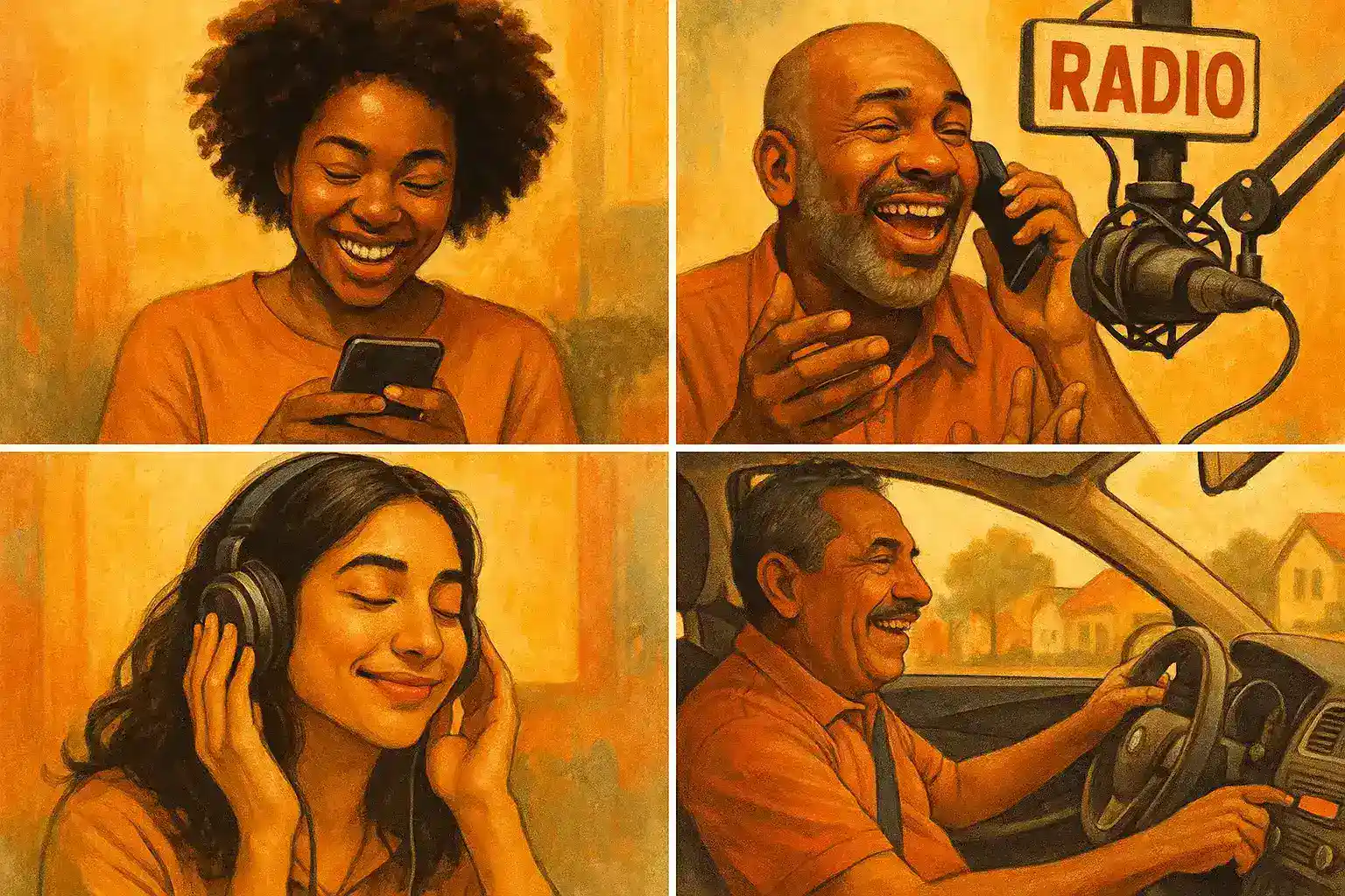 Diverse group of engaged radio listeners reacting enthusiastically — texting, calling in, and smiling while listening on headphones and car radios, warm vibrant community atmosphere