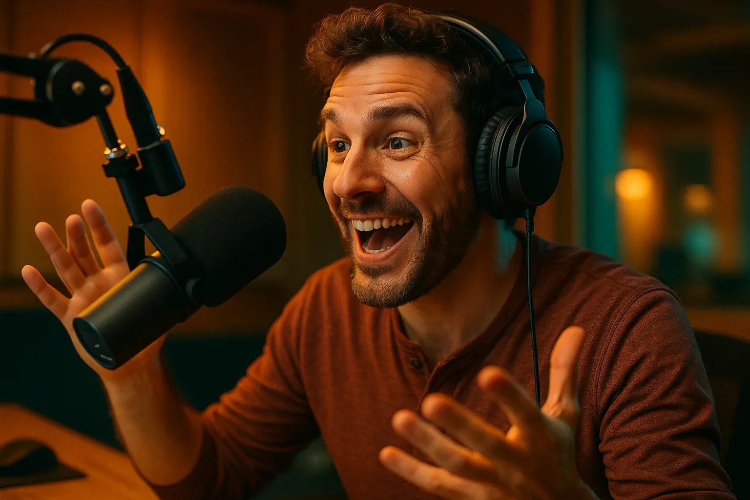 Energetic radio host speaking into a professional broadcast microphone with headphones and an engaged animated expression in warm studio lighting with amber and teal accents representing the human connection that keeps listeners tuned in
