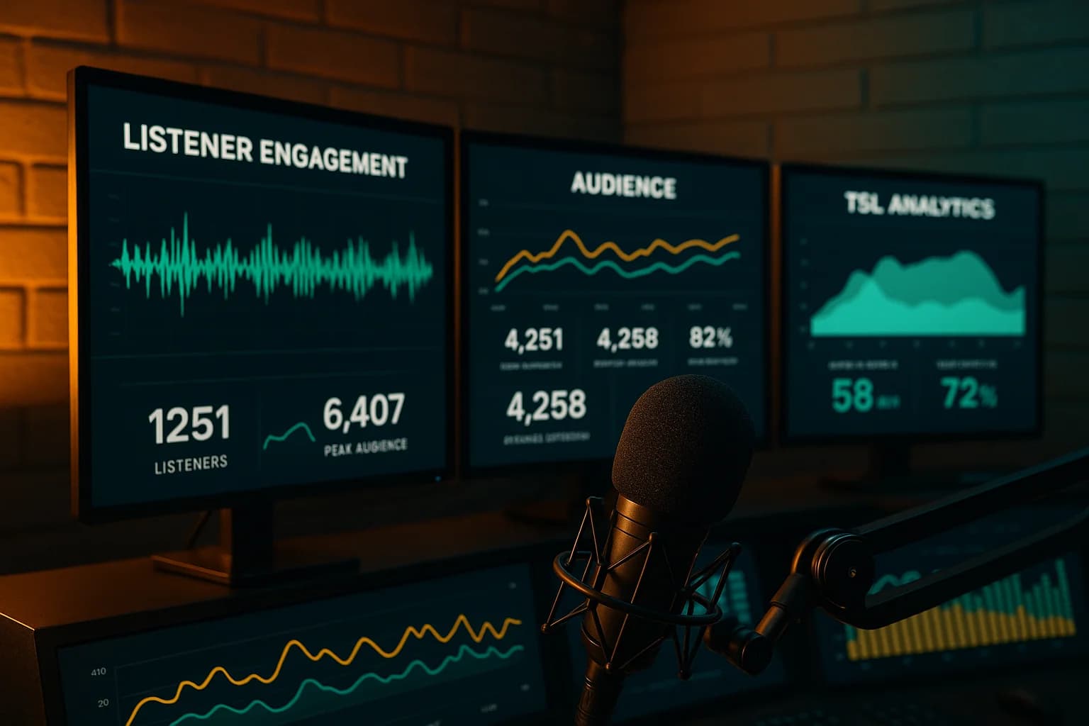 Radio studio dashboard showing listener metrics and engagement data with colorful waveform displays and a broadcast microphone in warm studio lighting