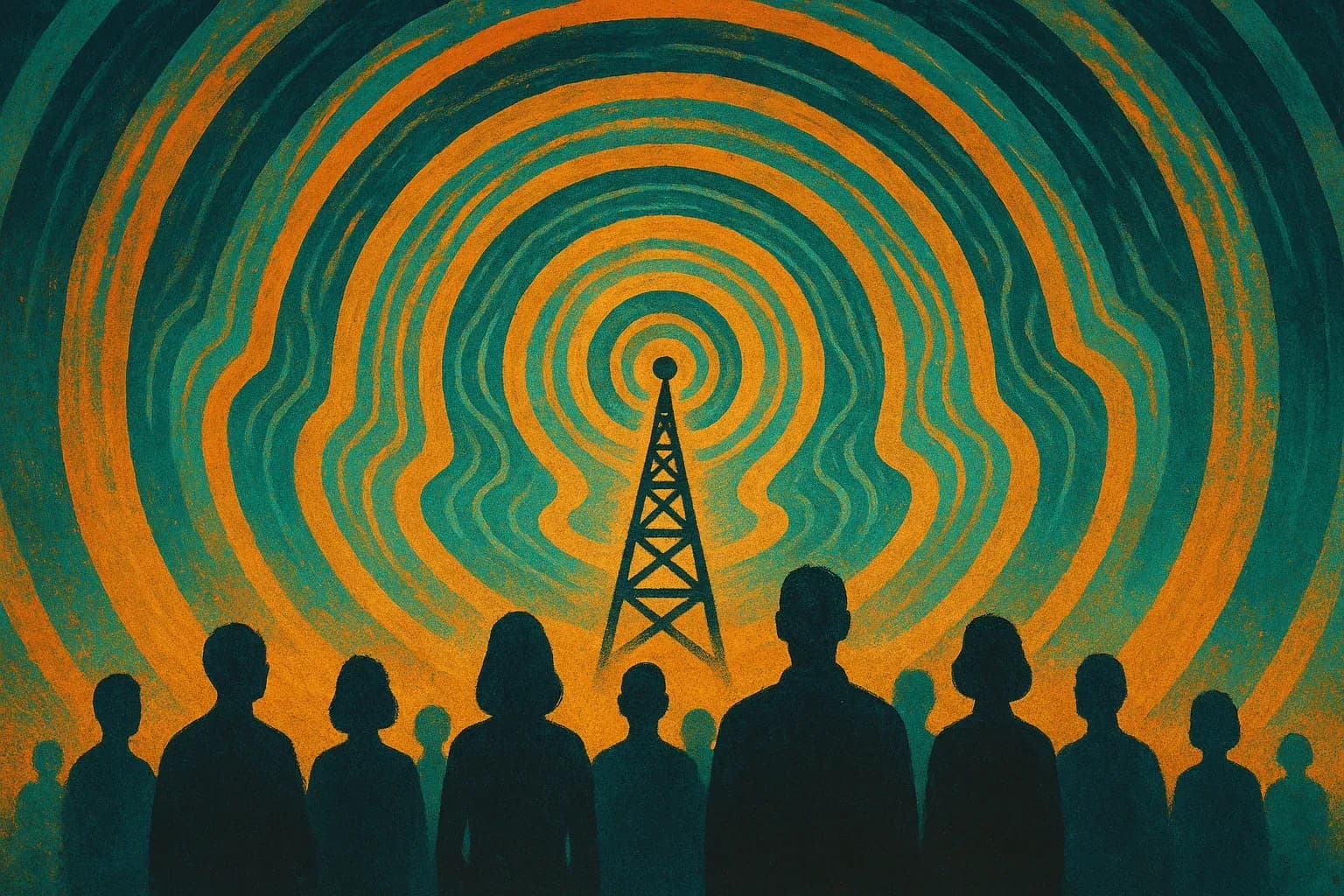 Abstract visualization of radio waves and sound frequencies flowing outward from a central broadcast tower with audience silhouettes gathered around in warm amber and teal tones representing Time Spent Listening and audience engagement