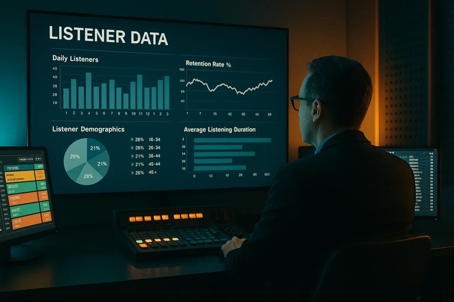 Radio programming director analyzing listener data and retention metrics on a large screen in a modern broadcast control room with scheduling software and music logs visible on side monitors in professional teal and amber lighting