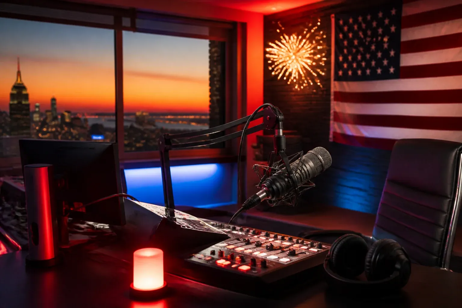 A celebratory radio studio at dusk with red, white, and blue lighting, an on-air light glowing, and a microphone ready, conveying an energetic Independence Day broadcast