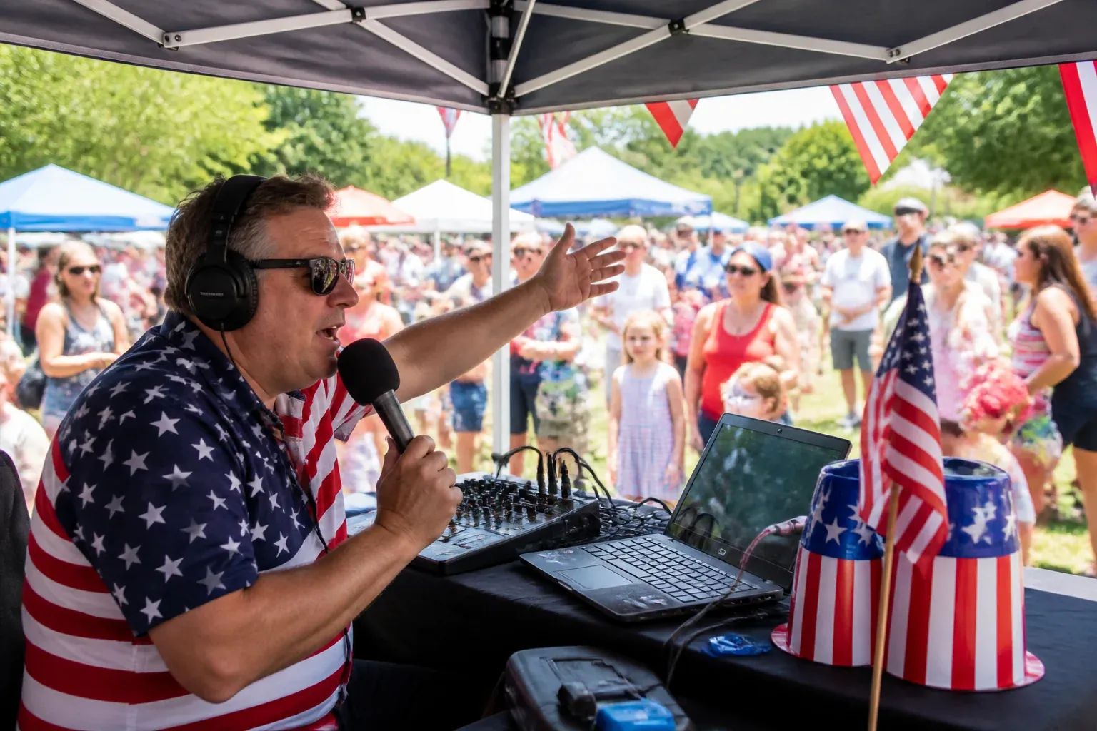 An outdoor radio station remote broadcast tent at a daytime Independence Day festival with red, white, and blue banners and a branded microphone, a crowd gathered in the summer sun