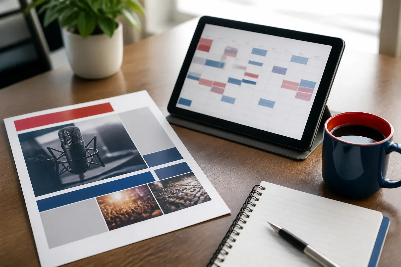A radio sales planning desk with a printed July 4th sponsorship package, a tablet showing a station's promotion calendar, and red-white-and-blue accents, warm office daylight
