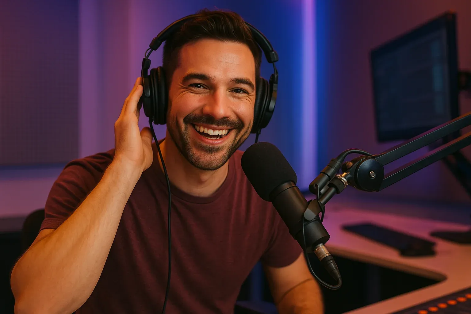 Engaged radio host connecting with audience through headphones and microphone with warm smile in a modern broadcast studio with purple and blue ambient lighting