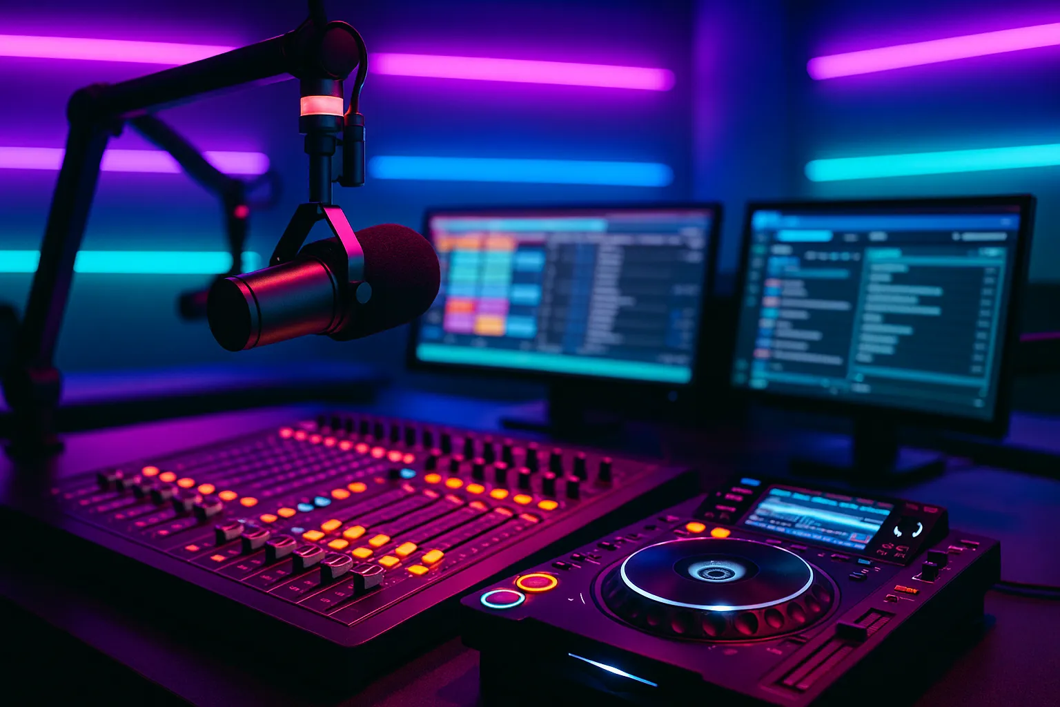 Modern radio studio with vibrant neon lighting, professional microphone, and contemporary pop aesthetic