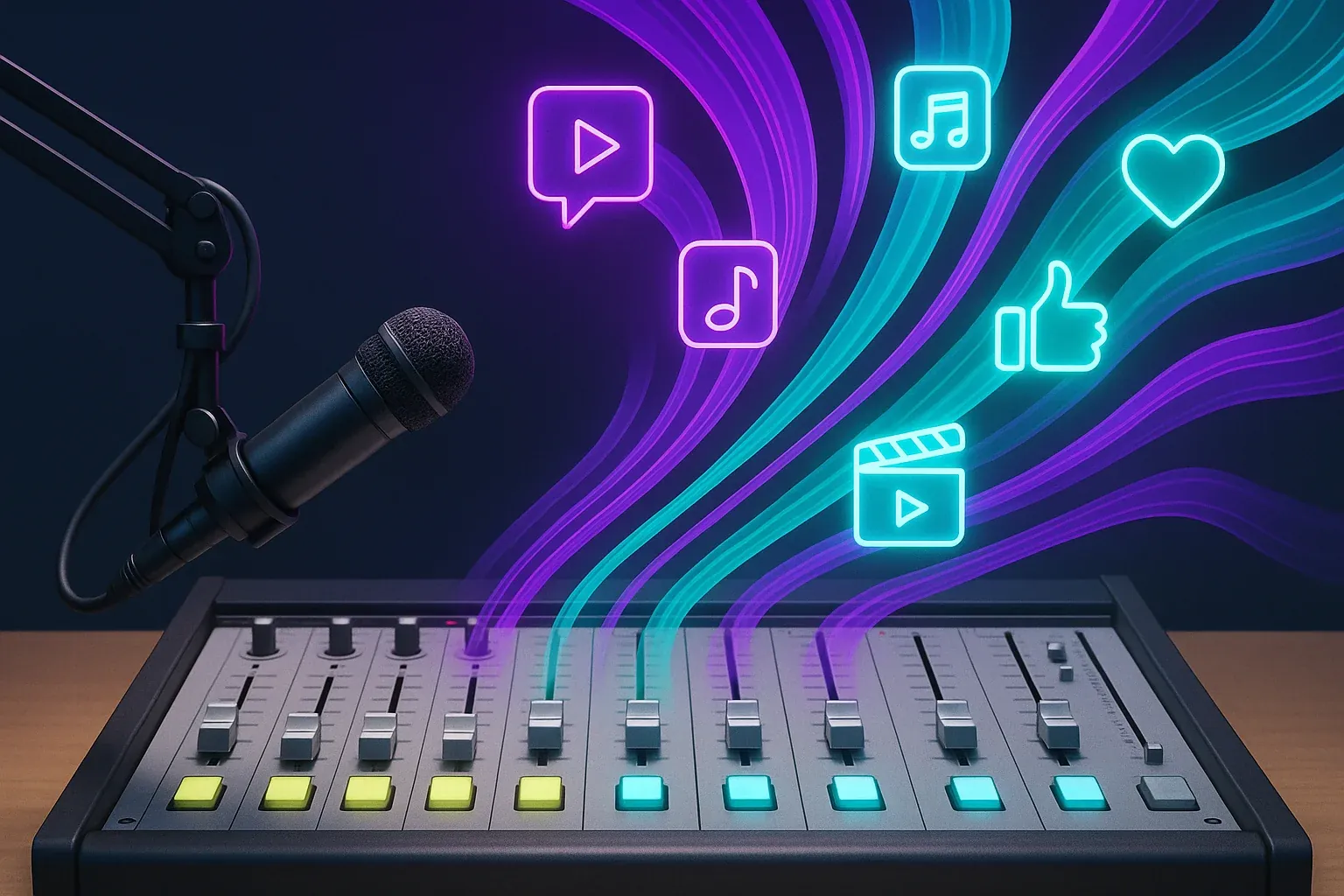 Abstract visualization of pop culture content flowing into a radio broadcast console with colorful data streams in purple and teal representing trending topics and social media moments
