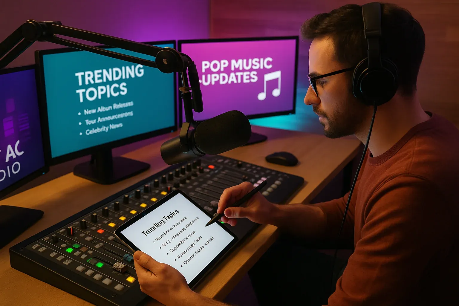 Radio DJ preparing show content on a modern tablet and console, reviewing trending topics and pop music updates on multiple screens with purple and teal studio lighting