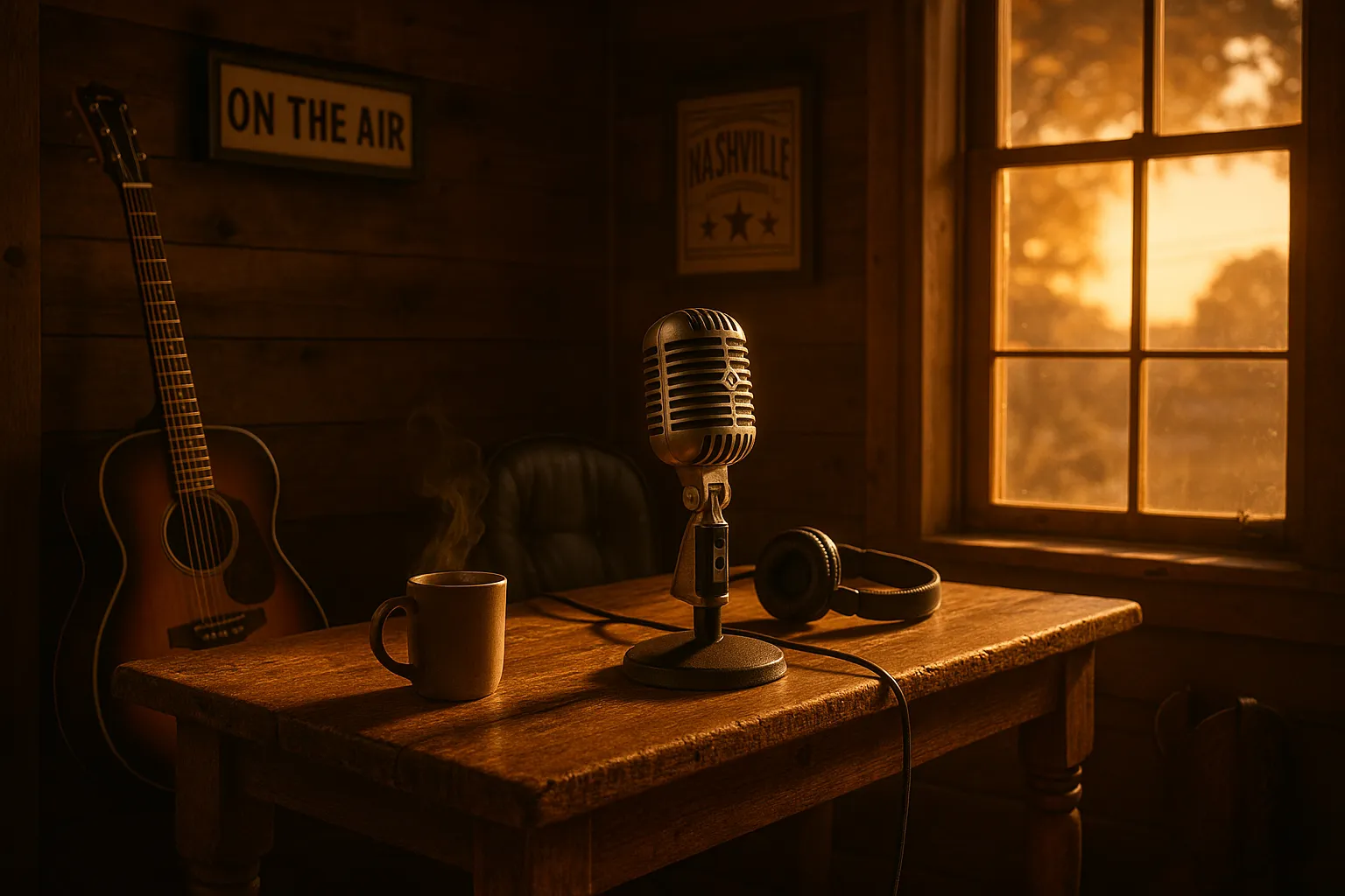 Country radio studio with vintage microphone, rustic wood accents, and golden hour Nashville lighting