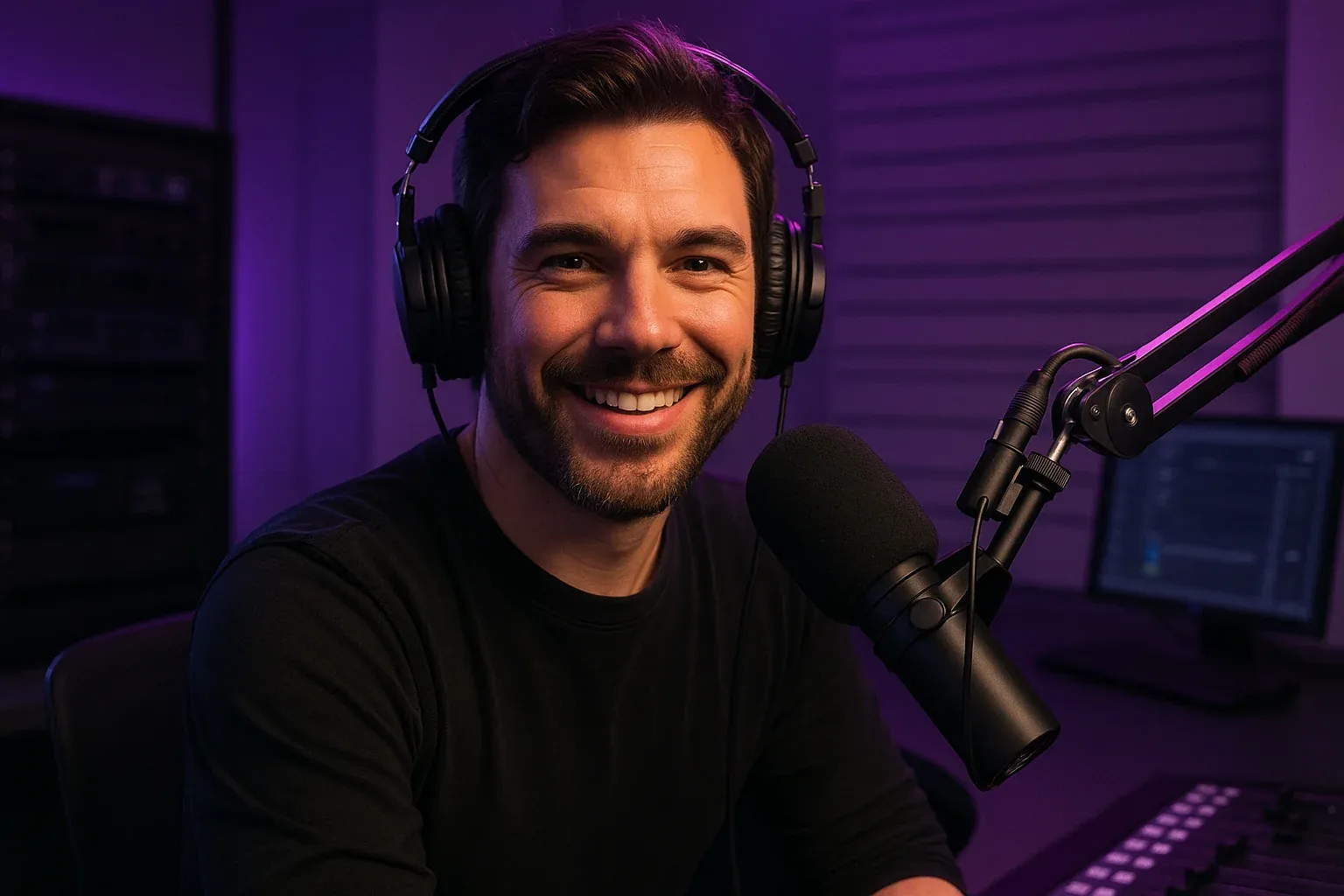 Engaged rock radio host connecting with audience through headphones and microphone, confident expression, modern broadcast studio with purple ambient lighting