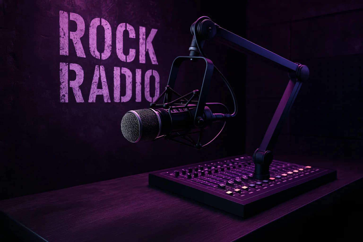 Modern rock radio studio with bold purple lighting, professional broadcast microphone, and edgy industrial aesthetic for active rock format