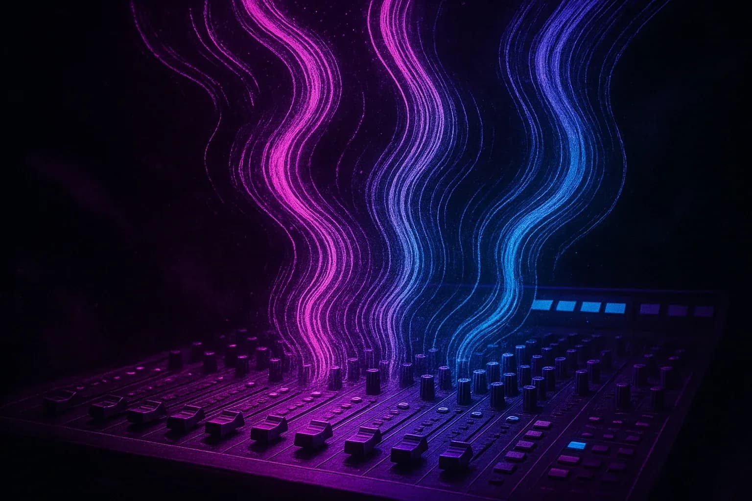 Abstract rock music content visualization with purple and blue data streams flowing into broadcast console, representing band news and tour updates converging for active rock radio format