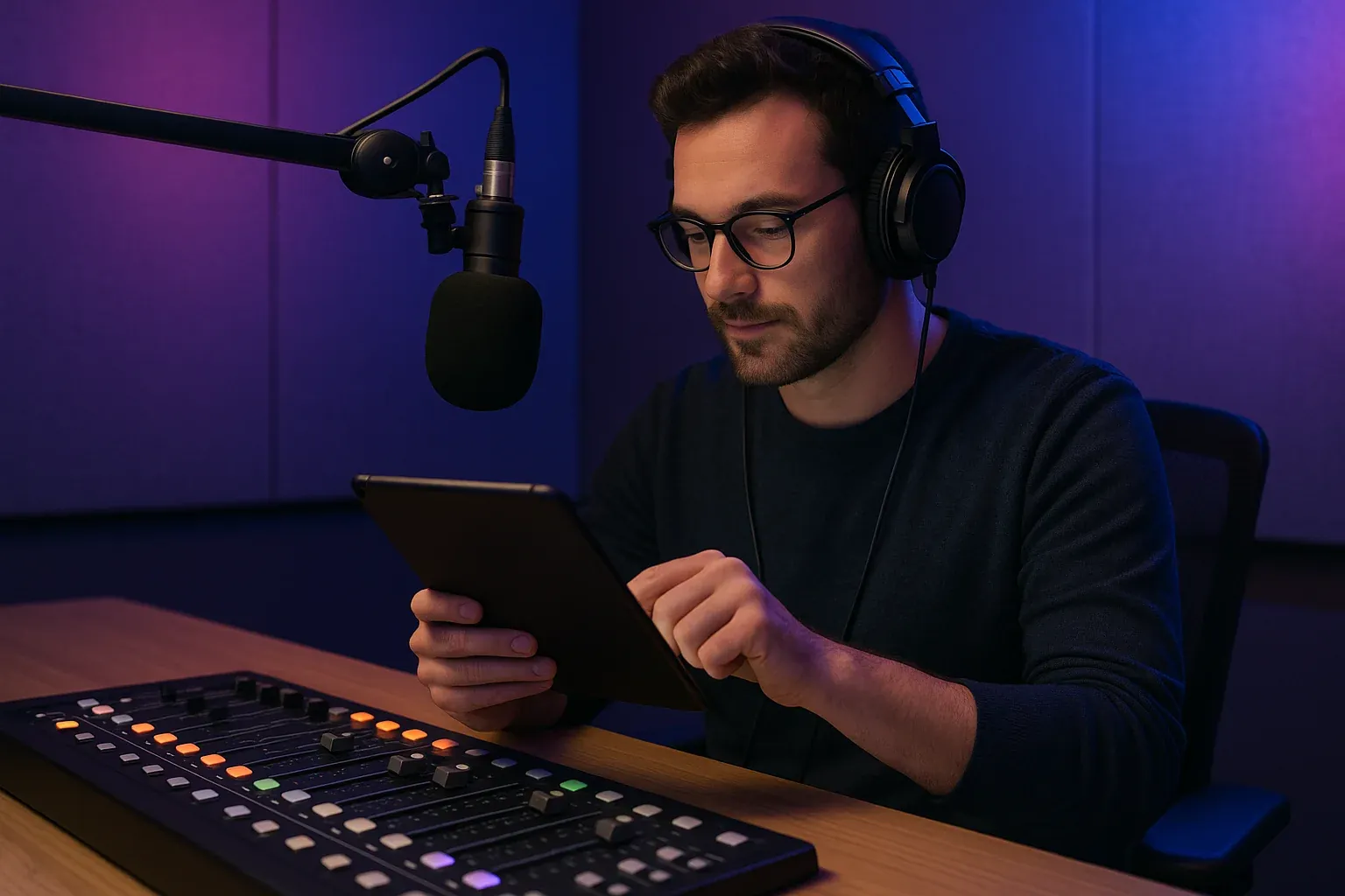 Radio host preparing show content on tablet in modern rock studio with purple and blue ambient lighting, reviewing band news and tour updates