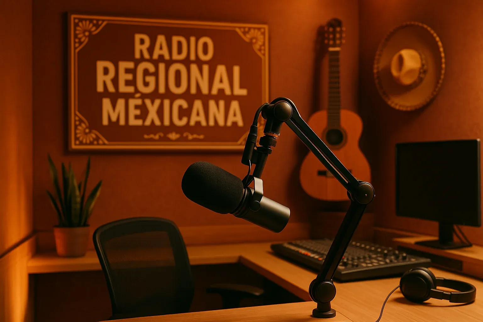 Regional Mexican radio studio with warm terra cotta and gold lighting, professional broadcast microphone, mariachi-inspired aesthetic with guitar and cultural elements