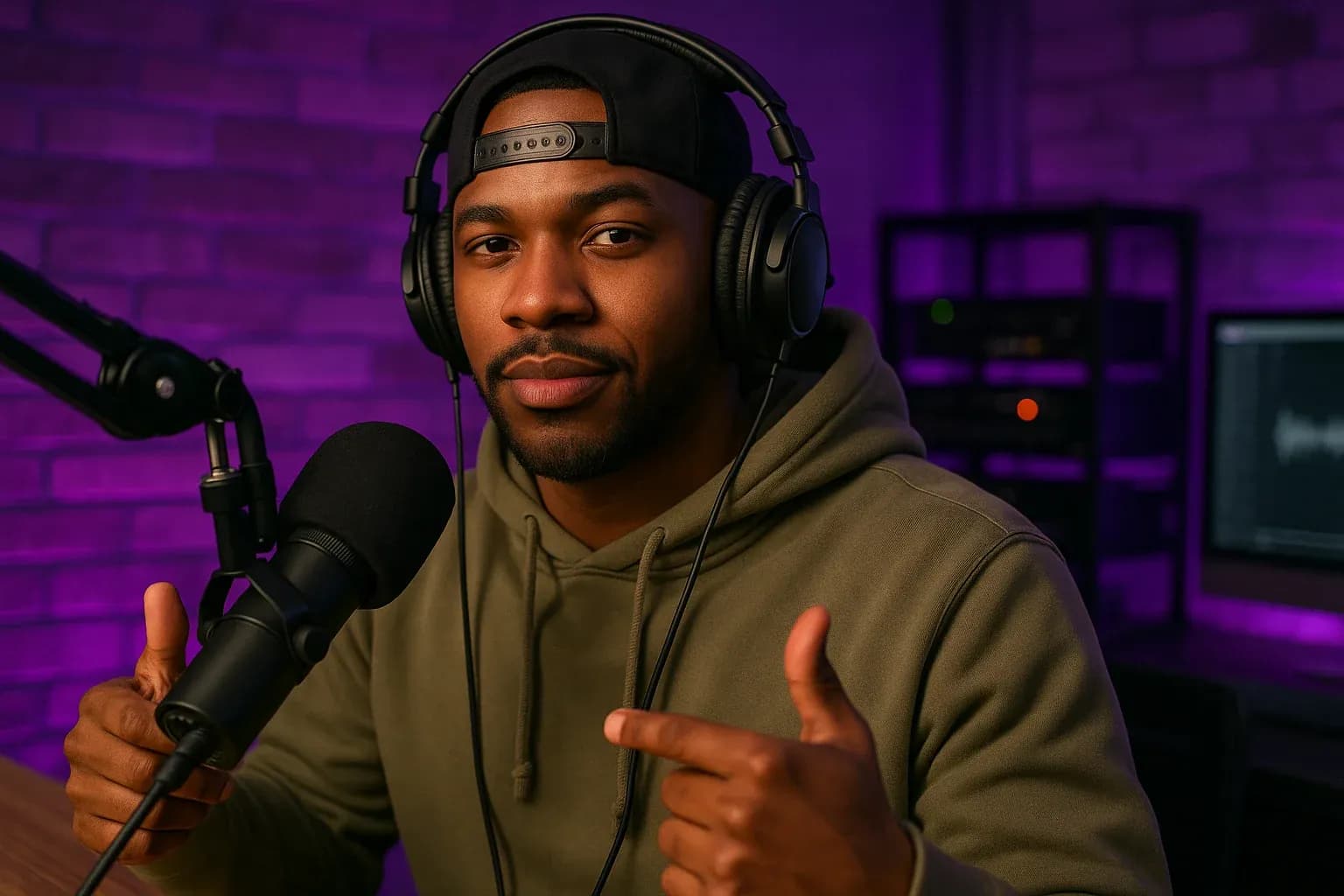Engaged hip hop radio host connecting with audience through headphones and microphone, confident expression, modern urban broadcast studio with purple ambient lighting