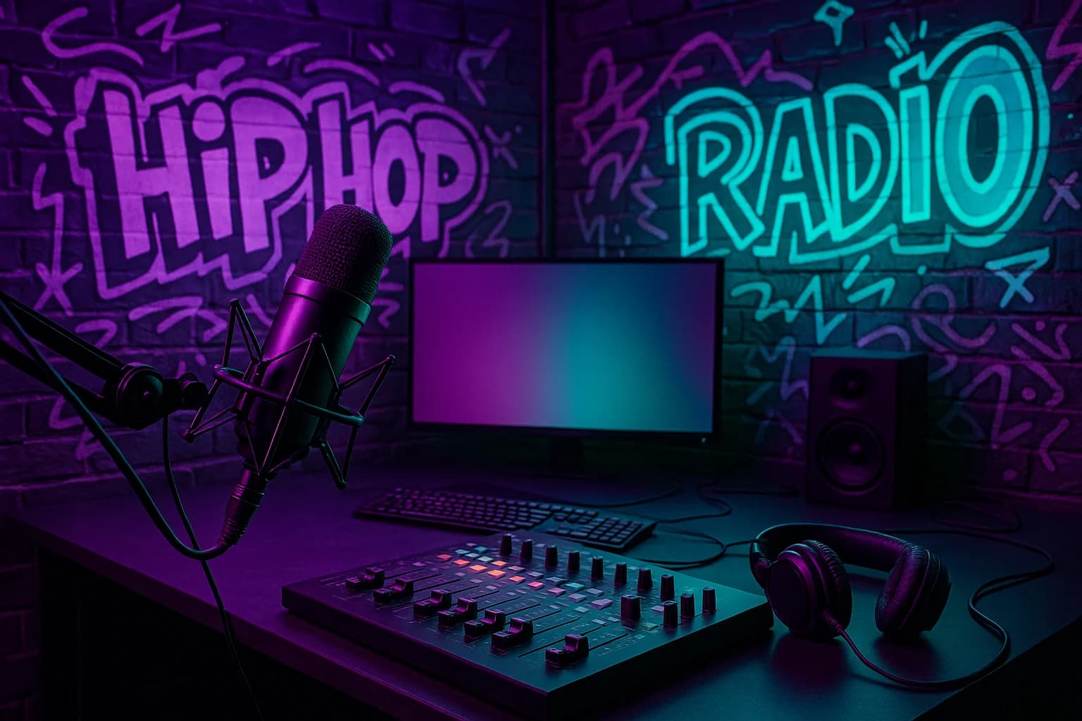 Modern hip hop radio studio with purple and teal neon lighting, professional broadcast microphone, and urban aesthetic for hip hop format