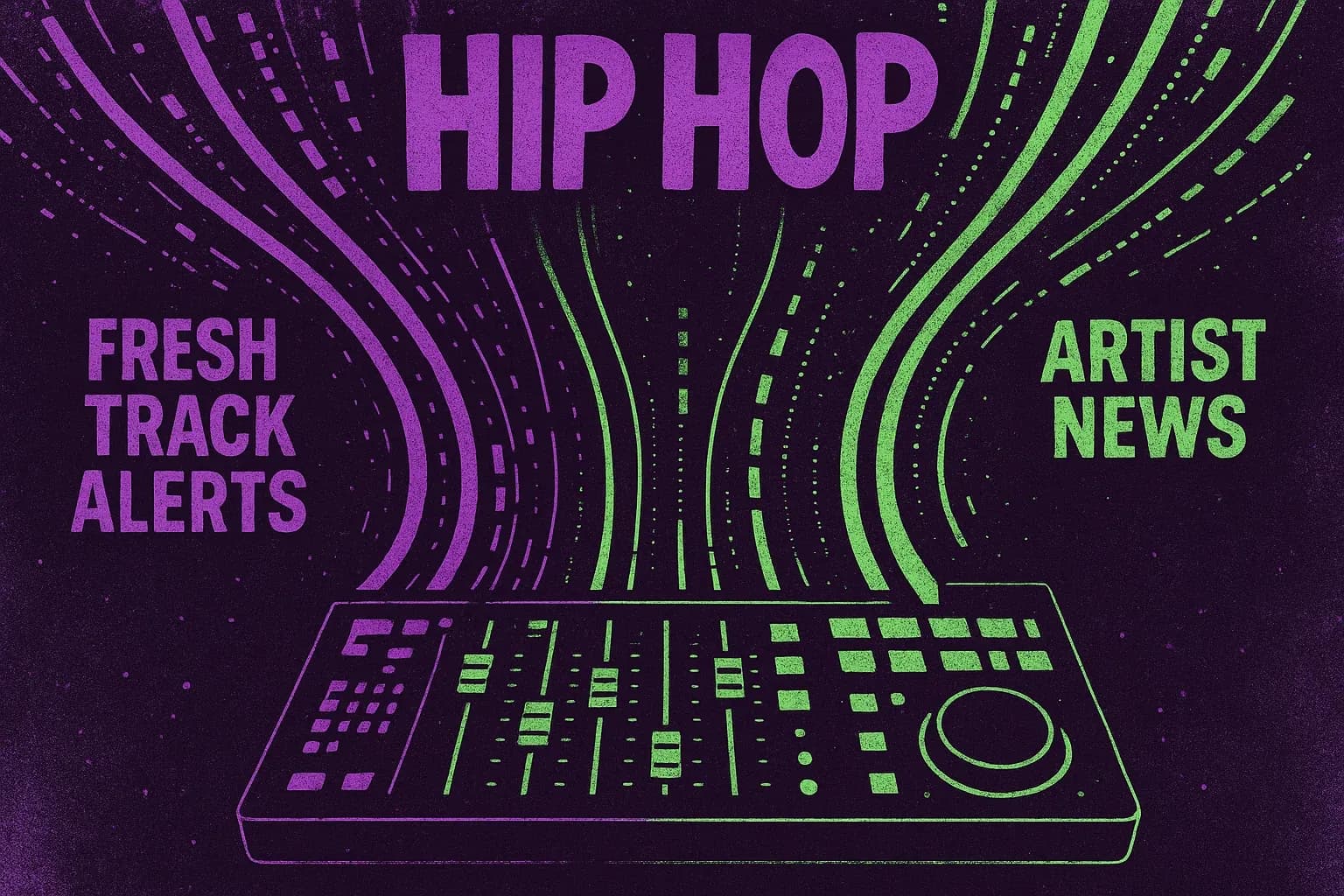 Abstract visualization of hip hop culture with purple and green data streams representing fresh track alerts and artist drama converging for urban radio format