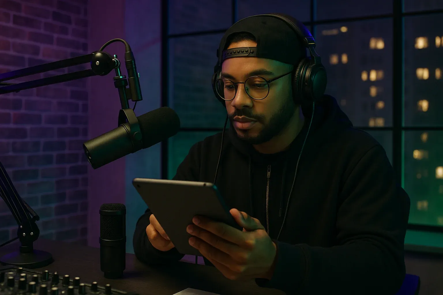 Radio host preparing hip hop show content on tablet in modern urban studio with purple and green ambient lighting