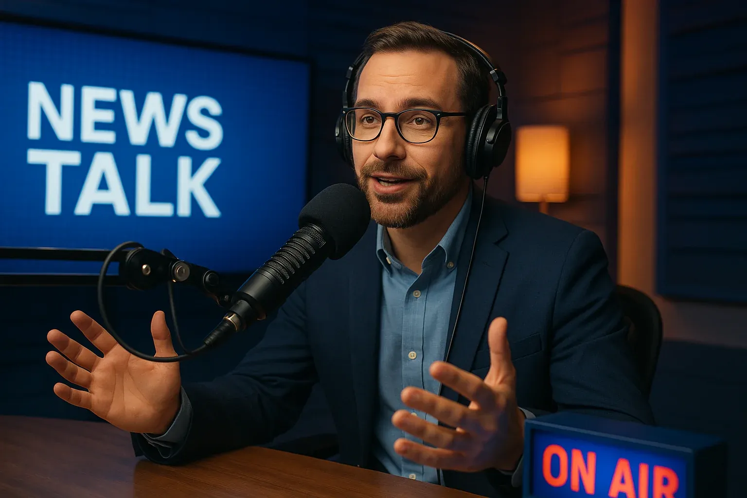 Engaged news/talk radio host on-air, confident and professional, speaking into microphone while connecting with audience, modern broadcast studio with blue and amber lighting