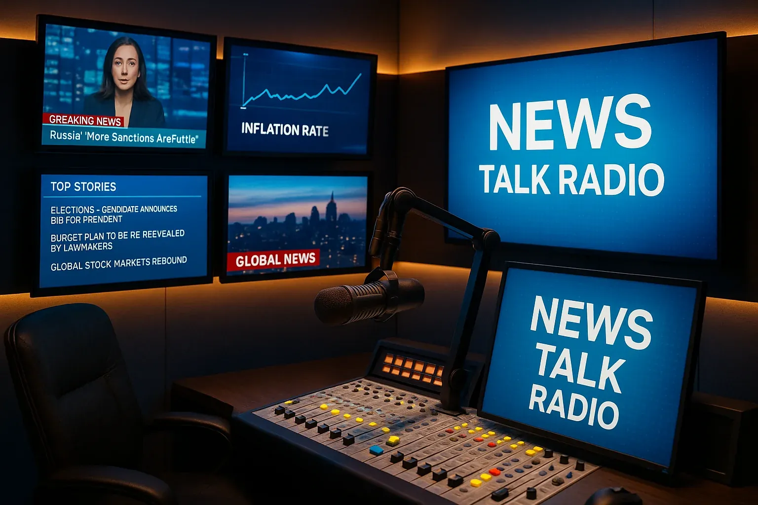 Professional news/talk radio studio with multiple screens showing news feeds, current events headlines, and data visualizations
