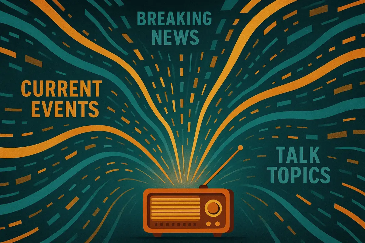 Abstract visualization of news and information flowing into a radio broadcast, data streams and headlines in amber and teal representing current events, breaking news alerts, and talk topics