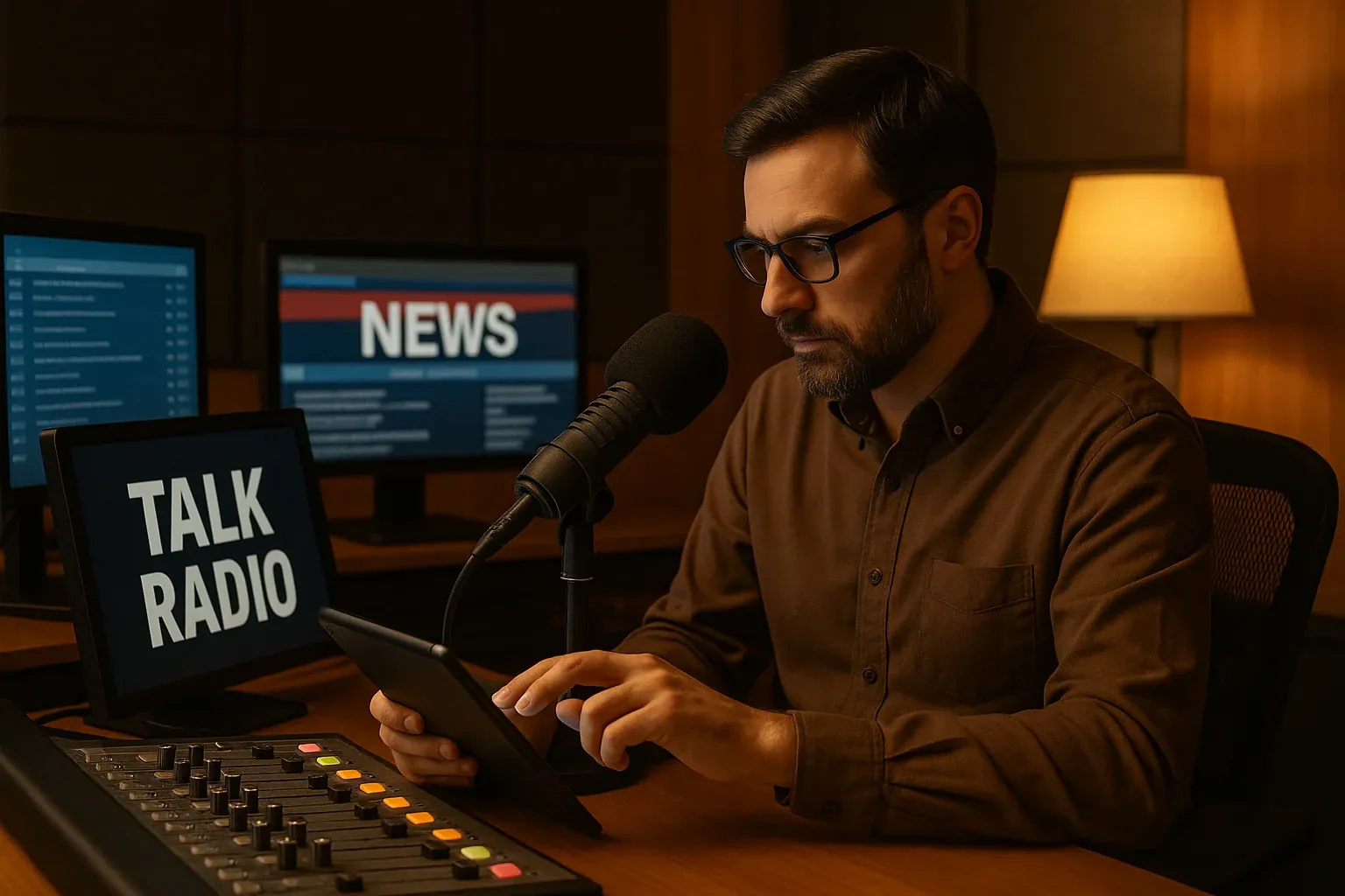 Talk radio host at broadcast console preparing show content, reviewing topics on tablet and multiple screens, professional studio with warm amber lighting
