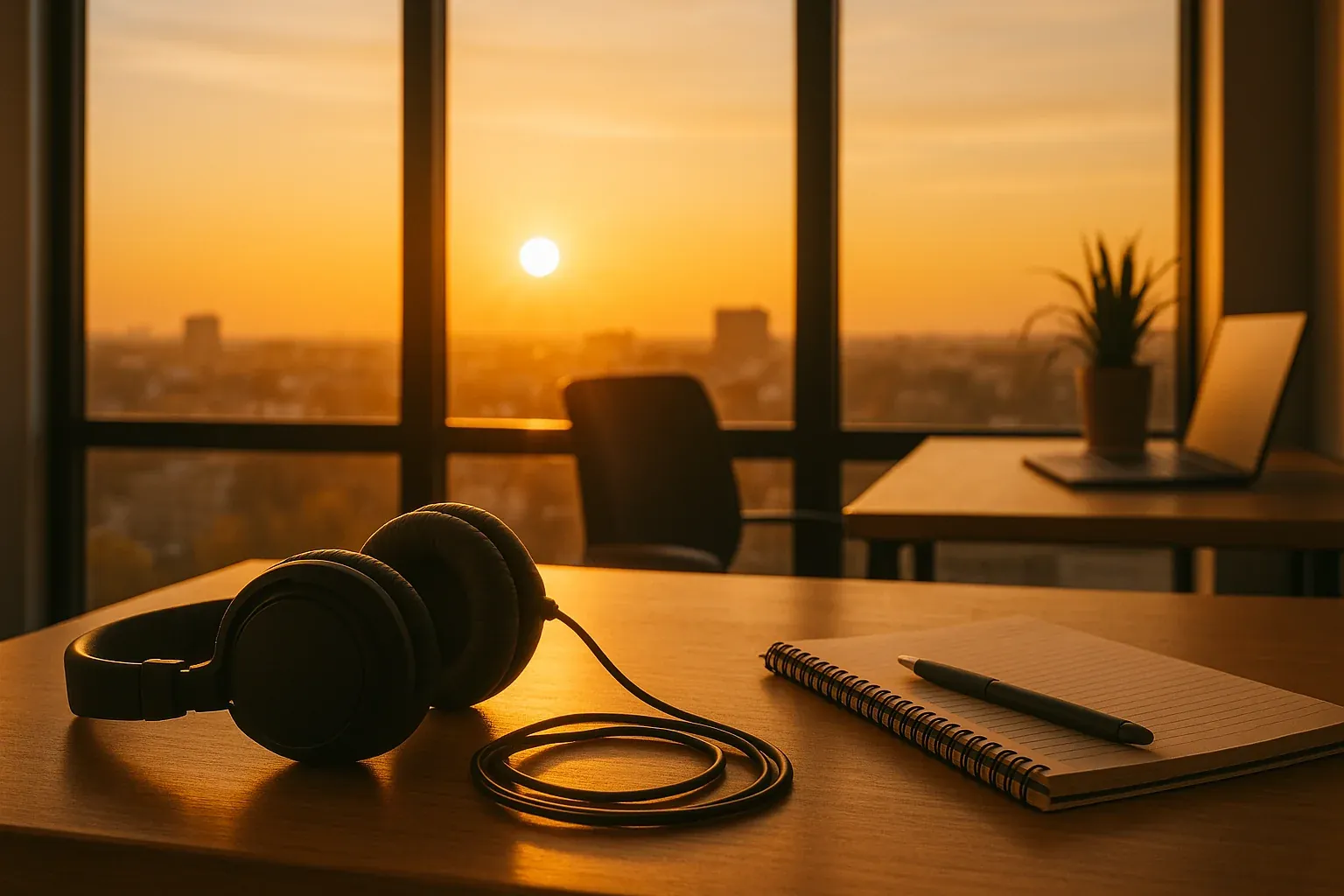 Warm sunrise through office windows with headphones on desk, symbolizing morning radio prep for adult contemporary stations