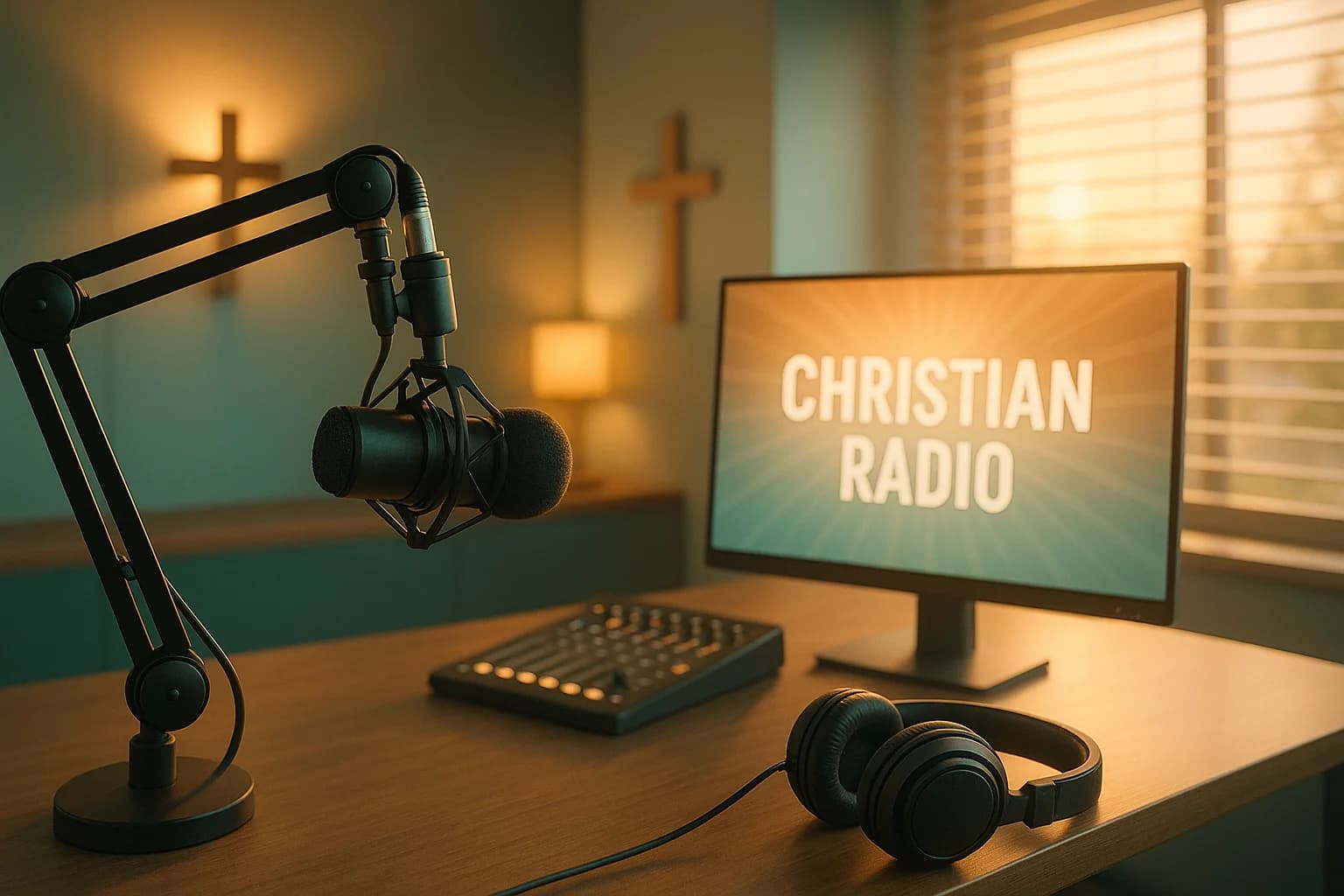 Modern Christian radio studio with warm golden and soft teal ambient lighting, professional broadcast microphone and headphones, inspirational atmosphere