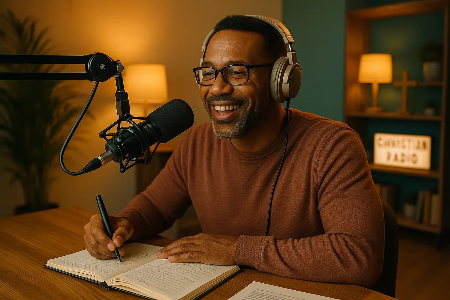 Christian radio host preparing inspirational morning show content in warm studio with soft golden lighting