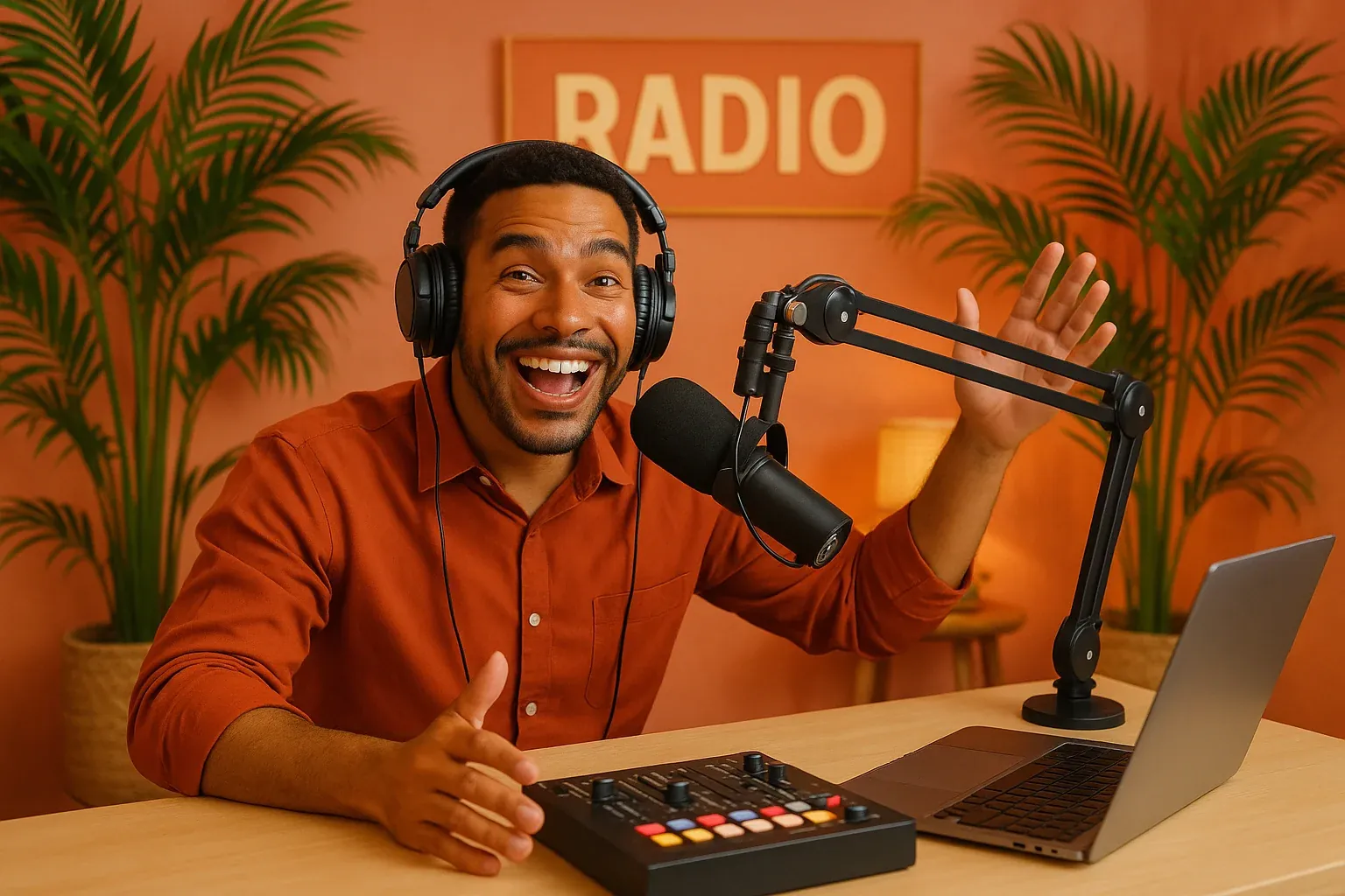 Enthusiastic Latin radio host wearing headphones at broadcast desk with tropical studio decor and warm coral accents